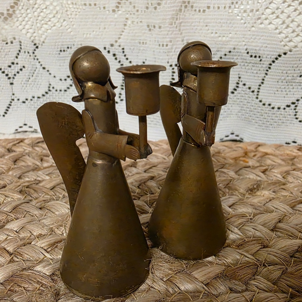Brass 3" Angel Candle Holders Set for Skinny Taper, Mexico Folk Art Brutalist